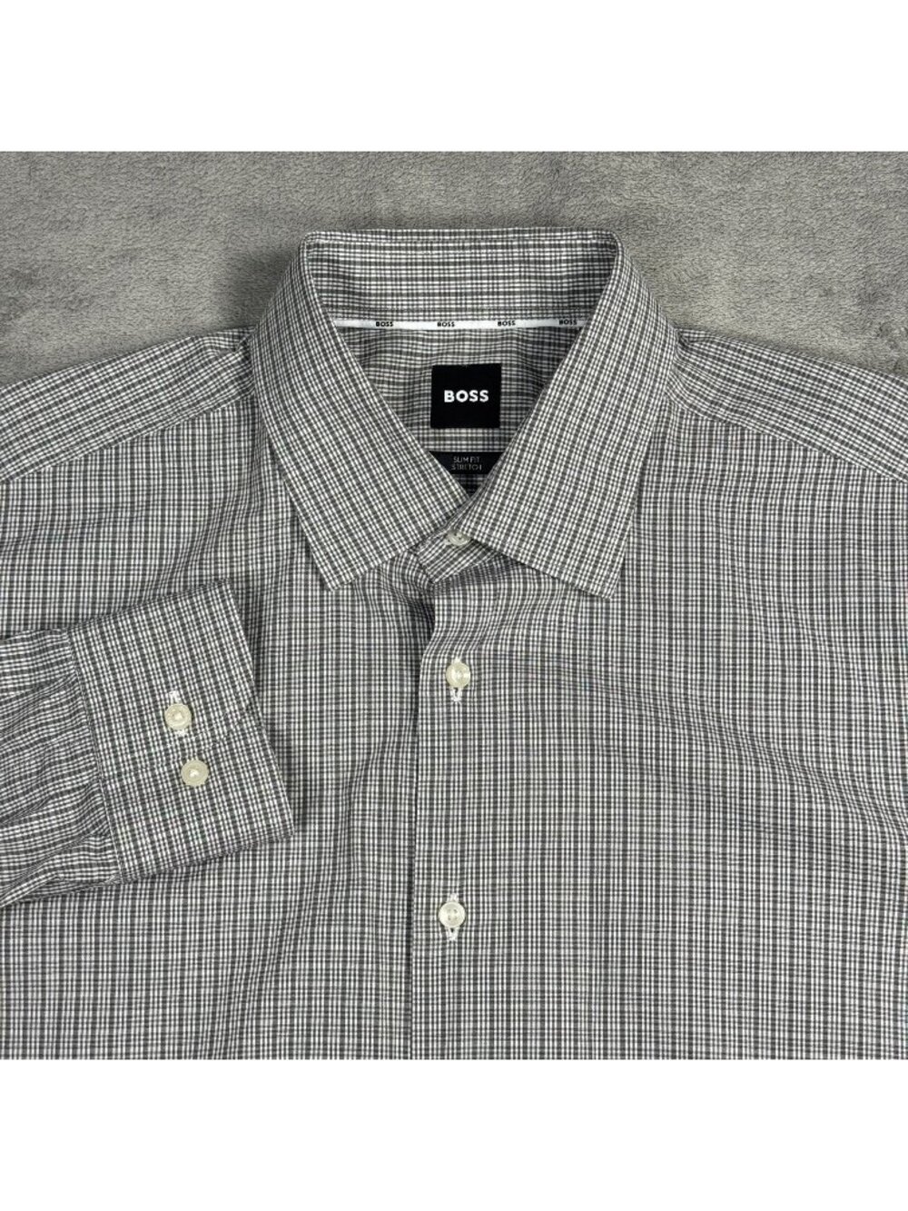 Hugo Boss Slim Fit Stretch Dress Shirt Mens XL Micro Check Pattern Button Up